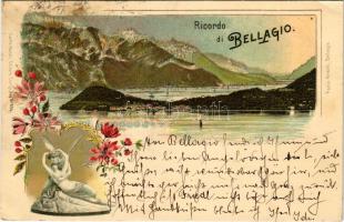 1897 Bellagio, Ricordo. Paolo Grandi, Carlo Künzli / view, statue. Art Nouveau, floral, litho