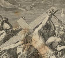 Johann Sadeler (1550-1600) Christoph Swartz után: Római katonák felállítják a keresztet. Rézmetszet,...