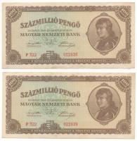 1946. 100.000.000P (2x) sorszámkövetők "P 322 022838 - P 322 022839" T:F folt, egyébként s...