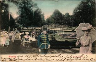 1904 Buziásfürdő, Baile Buzias; park részlet, k.u.k. katona, montázs / park, montage with soldier (E...