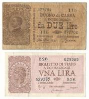 Olaszország 1914. 2L + 1944. 1L T:VG,F
Italy 1914. 2 Lire + 1944. 1 Lira C:VG,F