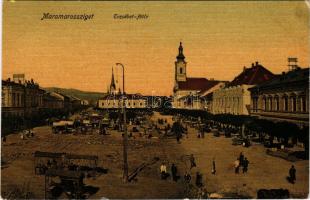 1912 Máramarossziget, Sighetu Marmatiei; Erzsébet főtér, piac, üzletek. Benkő Miklós kiadása / squar...