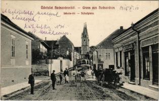 1915 Szászváros, Broos, Orastie; Iskola tér, Benkő Lajos, B. Stelescu üzlete, temetkezési intézet / ...