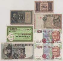 Olaszország 1935. 10L + 1939. 1L + 1976. 10.000L + 1982. 1000L + 1990. 1000L (2x) + 1977. 100L banki...