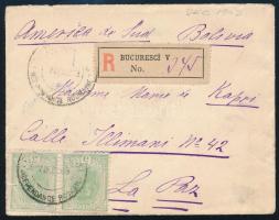 Románia 1903 Ajánlott levél a boliviai La Paz-ba 10 x 5b bérmentesítéssel. Rendkívül ritka destináci...