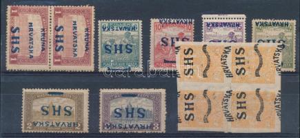 SHS 1918 12 db bélyeg, közte eltolódott és fordított felülnyomás, Bodor vizsgálójellel