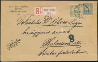 1900.aug.25. Ajánlott 2. súlyfokozatú távolsági levél Luxus 20kr + 5f vegyes bérmentesítéssel "...