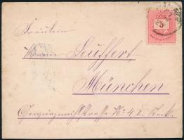 1887 Levél 5kr bérmentesítéssel Münchenbe küldve, a boríték hátoldala nagyon látványos! RRR!