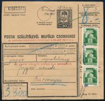 1945.08.01. (2. díjszabás) Szállítólevél belföldi csomaghoz Hadvezérek bélyegekkel, kézi "Román...