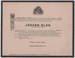 1876 Bp., Johann Olah hentesmester halotti értesítője / gyászjelentése, kis lapszéli sérülésekkel, 2...