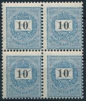 1889 10kr E négyestömb elfogazva, 2 bélyegen falcnyom, 2 postatiszta