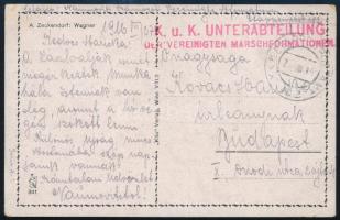 1916 Tábori posta képeslap "K.u.K. UNTERABTEILUNG / DER VEREINIGTEN MARSCHFORMATIONEN." + ...