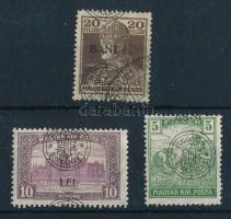 Kolozsvár 1919 Arató 5f, Parlament 10K, Károly 20f eltolódott felülnyomásokkal, Bodor vizsgálójellel