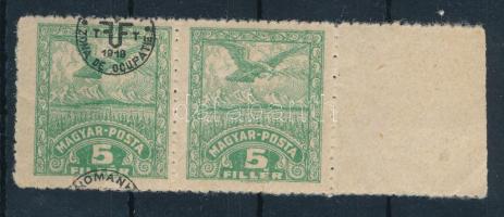 Debrecen II 1920 5f ívszéli pár, az egyik felülnyomás nélkül, a másik eltolódott felülnyomással, Bod...