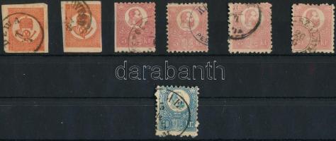 1871 4 db Kőnyomat 5kr, egyik ollóval vágva, 2 db Kőnyomat Hírlapbélyeg és 1 db Réznyomat 10kr (86.7...