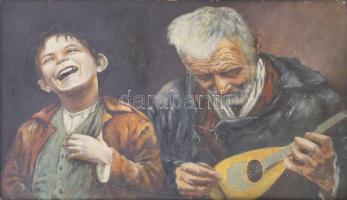 Jelzés nélkül: Zenélő társaság. Olaj, falemez. 51x74 cm. Dekoratív, kissé sérült fakeretben! KIZÁRÓL...