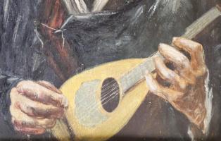 Jelzés nélkül: Zenélő társaság. Olaj, falemez. 51x74 cm. Dekoratív, kissé sérült fakeretben! KIZÁRÓL...