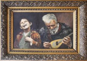 Jelzés nélkül: Zenélő társaság. Olaj, falemez. 51x74 cm. Dekoratív, kissé sérült fakeretben! KIZÁRÓL...