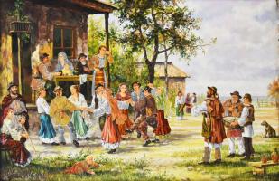 Stefan jelzéssel: Ünneplő társaság. Olaj, farost. 67x100 cm. Dekoratív, sérült fakeretben. KIZÁRÓLAG...