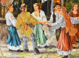 Stefan jelzéssel: Ünneplő társaság. Olaj, farost. 67x100 cm. Dekoratív, sérült fakeretben. KIZÁRÓLAG...