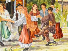 Stefan jelzéssel: Ünneplő társaság. Olaj, farost. 67x100 cm. Dekoratív, sérült fakeretben. KIZÁRÓLAG...