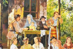 Stefan jelzéssel: Ünneplő társaság. Olaj, farost. 67x100 cm. Dekoratív, sérült fakeretben. KIZÁRÓLAG...