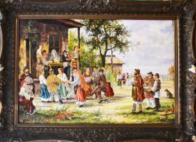 Stefan jelzéssel: Ünneplő társaság. Olaj, farost. 67x100 cm. Dekoratív, sérült fakeretben. KIZÁRÓLAG...