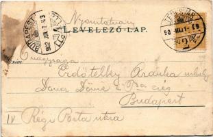 1902 Szeged, Alsó Tisza rakpart a közúti híddal, hajók, uszályok. Rüger G. és társa kiadása (Bécs) (...