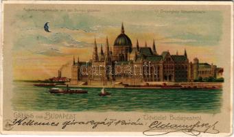 1900 Budapest V. Új Országház főhomlokzata, gőzhajó, pesti rakpart. F. Schmuck litho (EK)