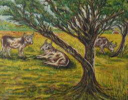 Horn Béla jelzéssel: Tehenek a vízparton, 1939. Olaj, vászon. Dekoratív fakeretben. 55x68 cm