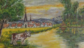 Horn Béla jelzéssel: Tehenek a vízparton, 1939. Olaj, vászon. Dekoratív fakeretben. 55x68 cm