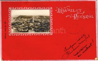 1901 Dés, Dej; látkép. Gálócsi Samu kiadása, ragasztott fotó, szecessziós keretben / general view. g...