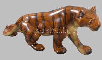 Nagyméretű fajansz tigris szobor, jelzett, hibátlan, 48x21 cm