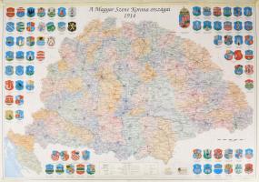 A Magyar Szent Korona Országai 1914-ben modern térkép vármegyei címerekkel. Laminált 70x50 cm