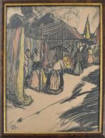 Csabai Wágner József (1888-1967): Piac, Gyoma. Pasztell, papír, jelzett, üvegezett keretben, 50×40 c...