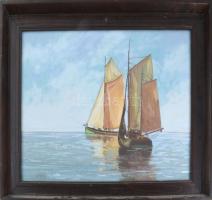 Gyimesi Lajos (1919-1997): A tenger csendje (Vitorlások). Olajtempera, fa, jelzett. Dekoratív, üvege...
