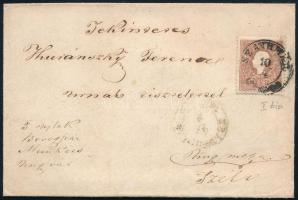 ~1859 10kr I. típus levélen "SZATHMÁR" + "TISZA-ÚJLAK", "BEREGSZÁSZ", ...