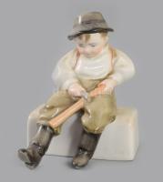 Zsolnay porcelán figura, botot faragó fiúcska, kézzel festett, jelzett, hibátlan 14 cm