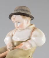 Zsolnay porcelán figura, botot faragó fiúcska, kézzel festett, jelzett, hibátlan 14 cm