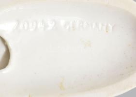 Régi német kutyával viaskodó tortahordó fiú figura, jelzett, m: 14 cm
