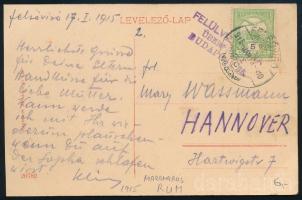 1915 \"Tisza eredete\" képeslap Turul 5f bérmentesítéssel, \"FELSŐVISÓ\" - Hannover