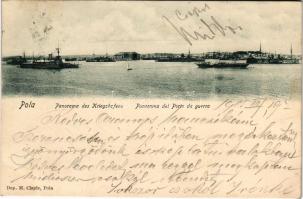 1905 Pola, Pula; K.u.k. Kriegsmarine Kriegshafen / Panorama del Porto da guerra. M. Clapis / Osztrák...