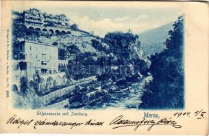 1904 Merano, Meran (Süditorl); Gilfpromenade und Zenoburg. Stengel &amp; Co. / promenade, castle...