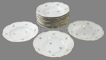 Zsolnay 12 személyes tollazott szélű mélytányér készlet, jelzett, többféle virágmintával, d: 24 cm