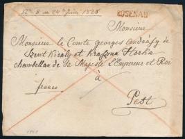 1828 Franco levél 24kr viteldíjjal, piros "ROSENAU" - Pest (Rompes 40 p)