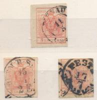 1850 3kr 3 db bélyeg "TYRNAU", "OFEN B.S.", "PESTH"