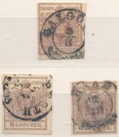 1850 6kr 3 db bélyeg klf színekben, "GALGÓCZ", "RAAB", "PESTH"