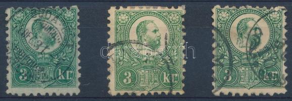 1871 3kr 3 db bélyeg, zöld, kékeszöld és sötétzöld színben