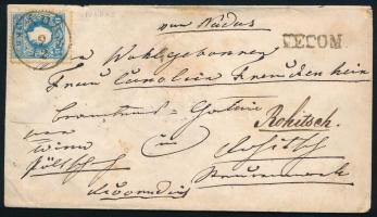 ~1858 15kr + hátoldalon eltépett 10kr ajánlott levélen "NÁDAS"