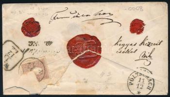 ~1858 15kr + hátoldalon eltépett 10kr ajánlott levélen "NÁDAS"